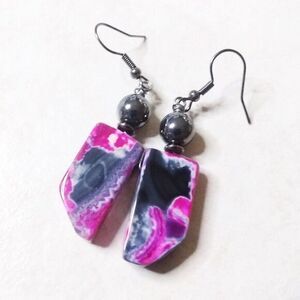 Black Gray & Rose Pink Agate + Hematite Earrings ~ Unique - Hippie - Wild Child